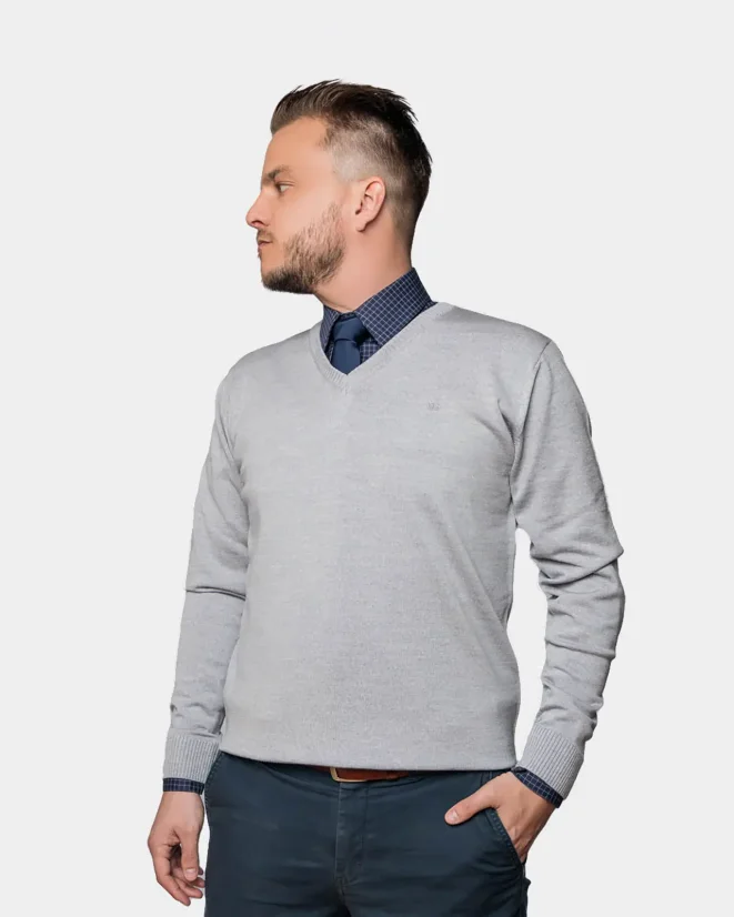 Men´s Merino Wool Sweater with Deep Neckline - Color: Grey, Size: S
