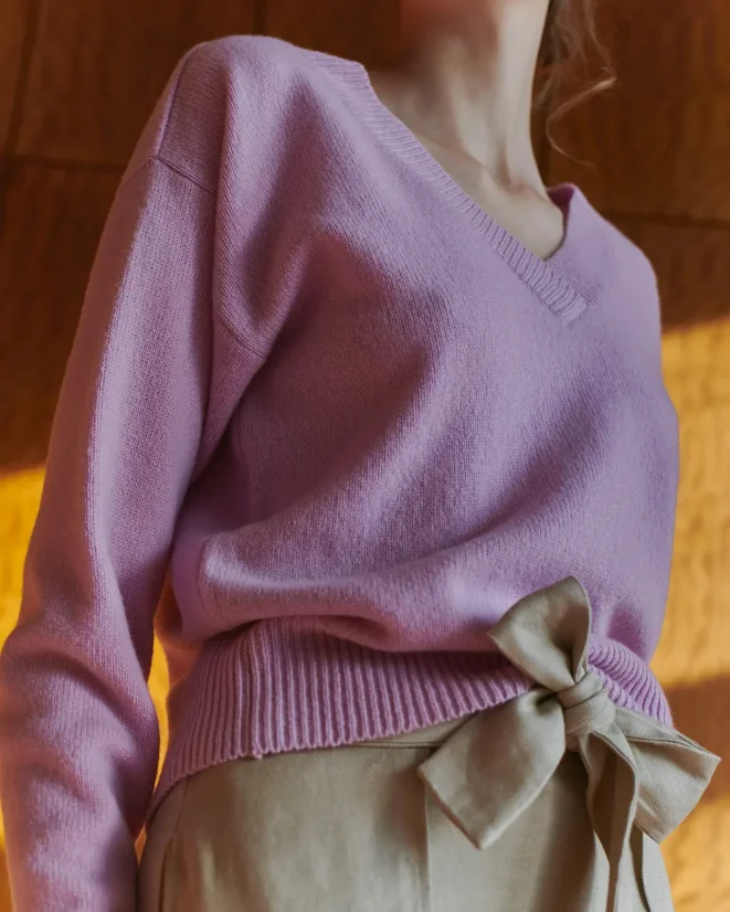 Women´s Deep Neck Wool Sweater Cashmere - Color: Orange, Size: S