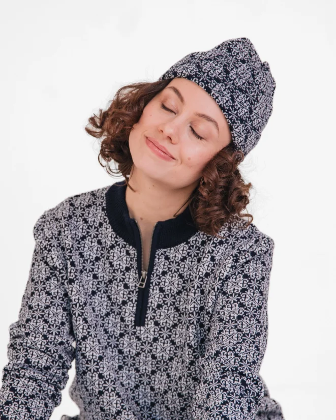 Damen-Wollpullover WOOLIFE STAR - Farbe: Dunkelblau, weißes Muster, Größe: L