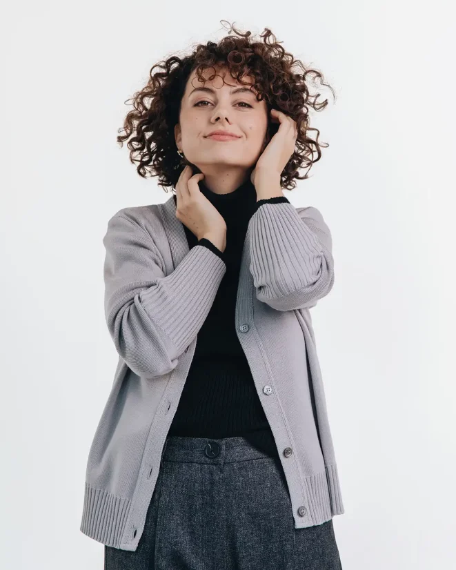 Damen Wollpullover mit Knopfleiste - Farbe: Grau, Größe: L