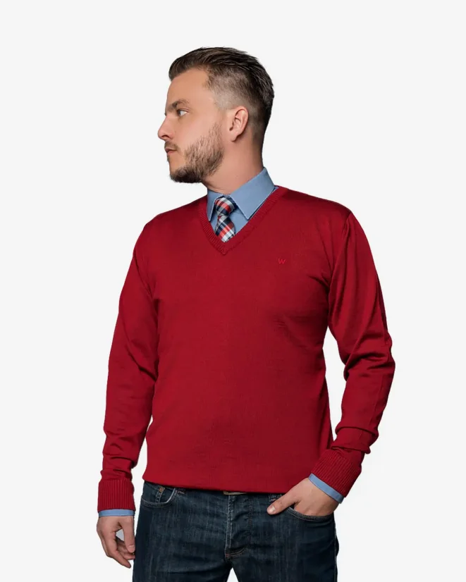 Men´s Merino Wool Sweater with Deep Neckline - Color: Grey, Size: S