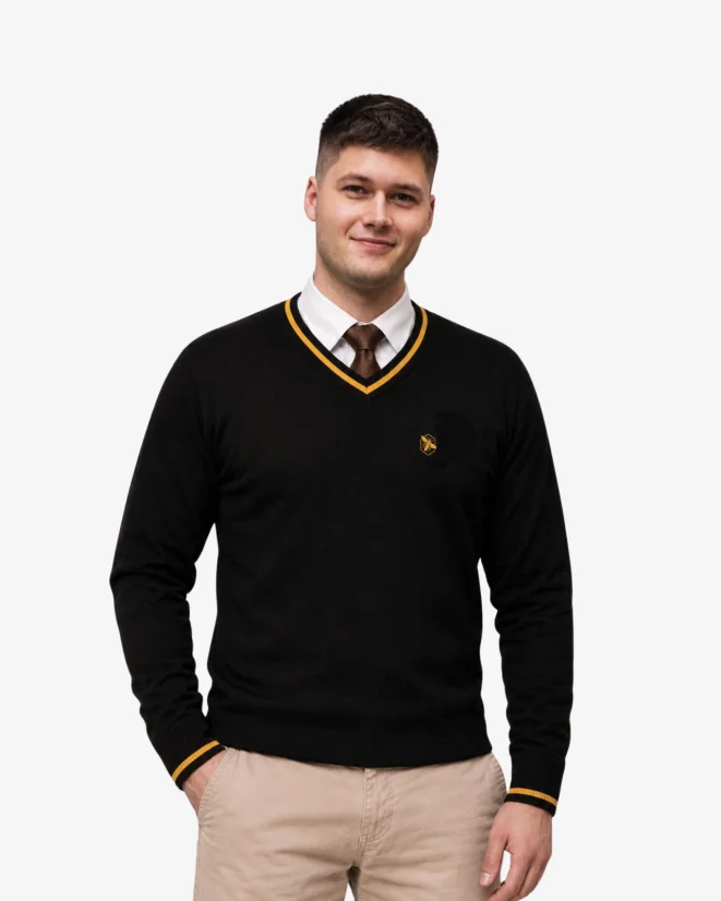 Pánský vlněný svetr ČSV s výstřihem V Merino Blend - Color: Mustard, Size: XL