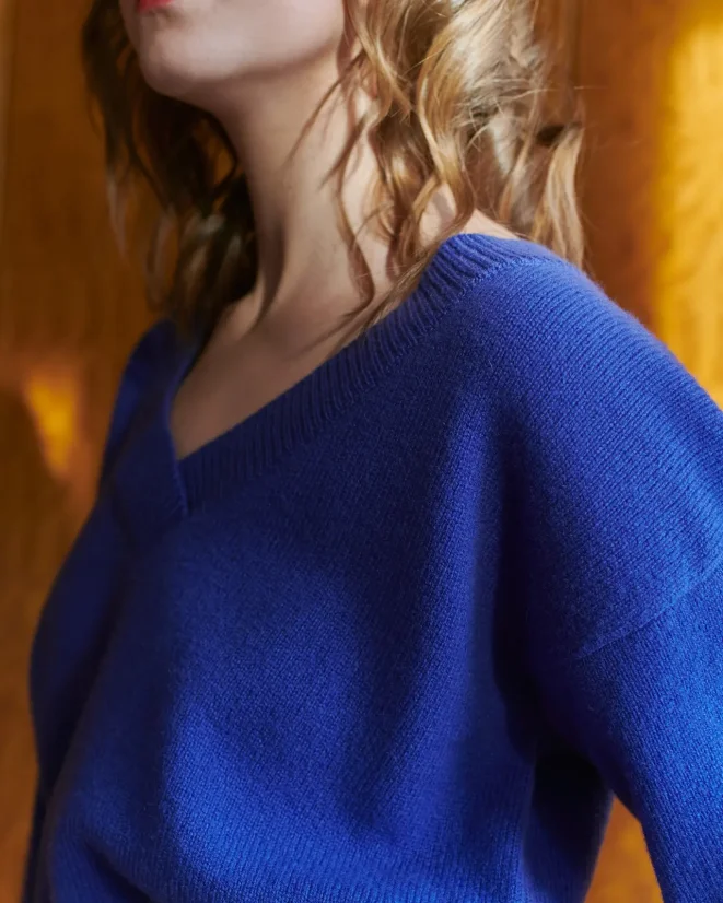 Women´s Deep Neck Wool Sweater Cashmere - Color: Orange, Size: S