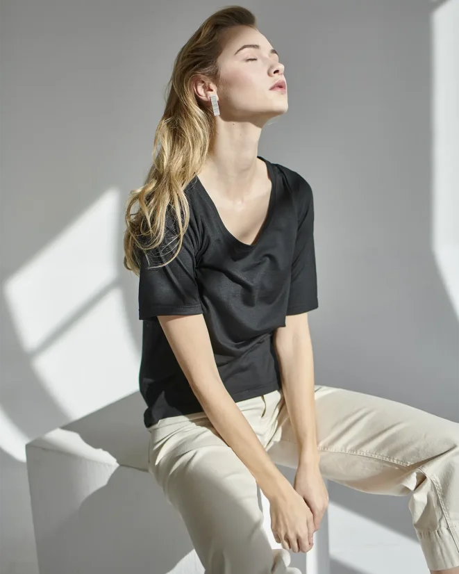 Damen T-Shirt Merino Basic 140 - Farbe: Schwarz, Größe: XXL