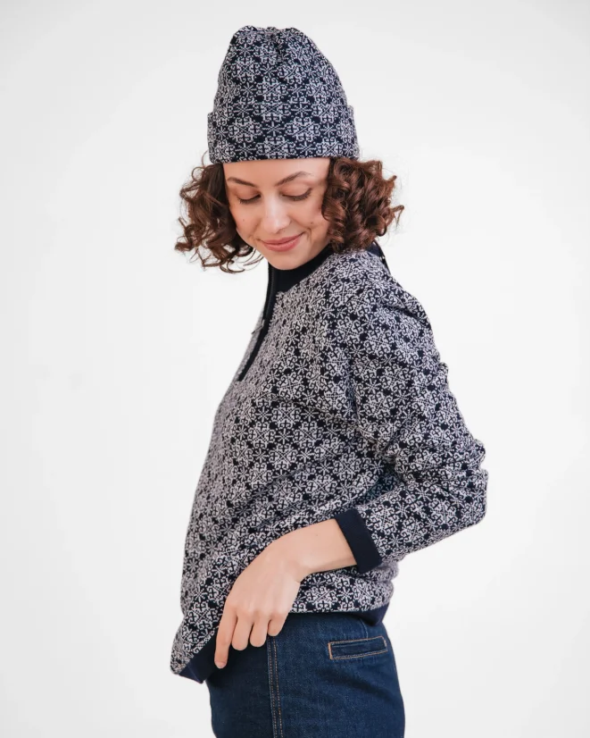Damen-Wollpullover WOOLIFE STAR - Farbe: Dunkelblau, weißes Muster, Größe: L