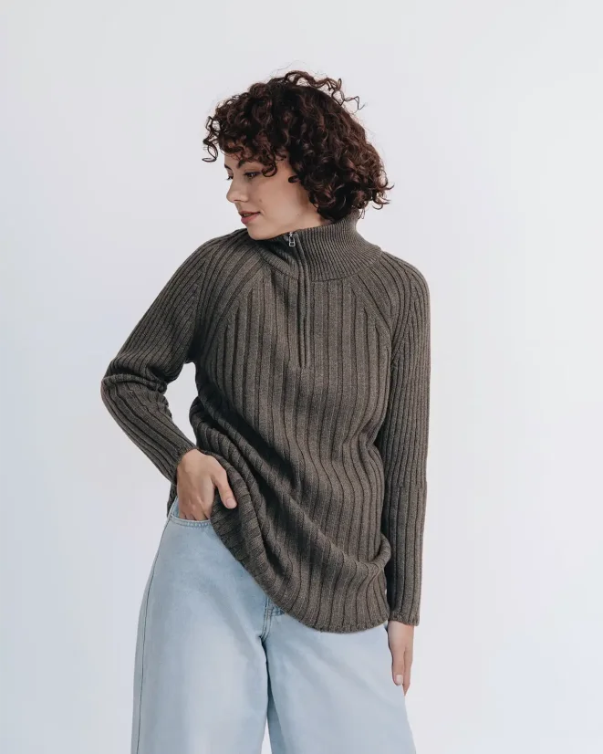 Dámský svetr stojáček se zipem Kašmír Blend - Farba: Hnedá, Veľkosť: XL-XXL