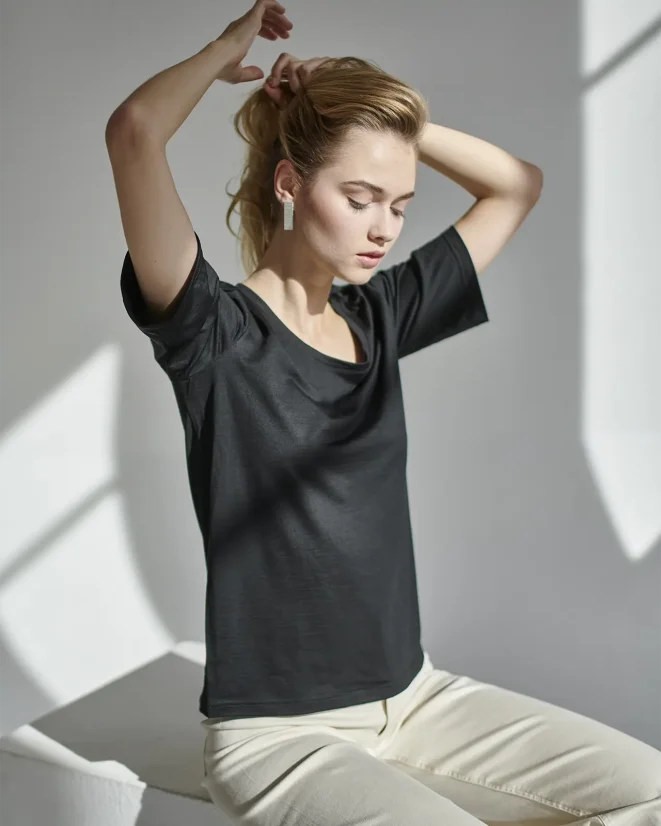 Damen T-Shirt Merino Basic 140 - Farbe: Schwarz, Größe: XXL