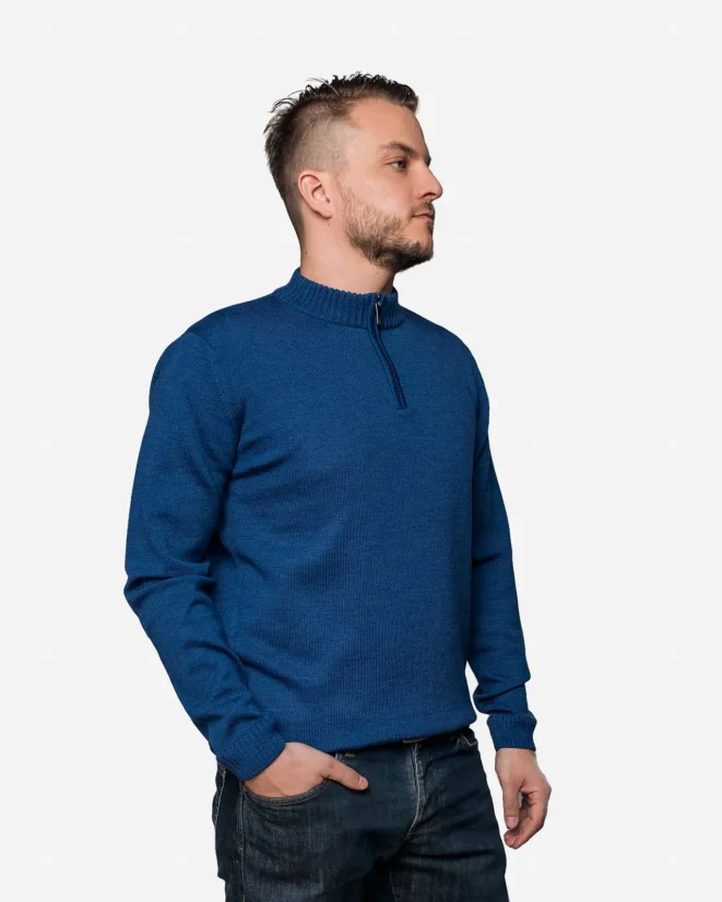 Men´s Merino Wool Sweater with Zipper - Color: Blue, Size: XXL