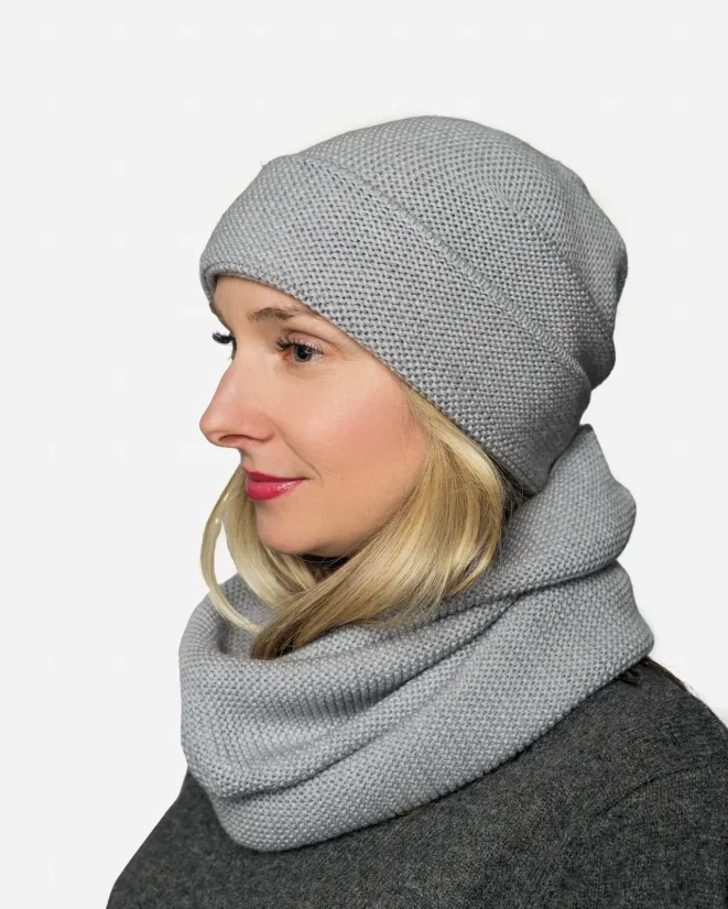 Damen-Rundschal aus Wolle + Mütze Merino Extra Fine Grau