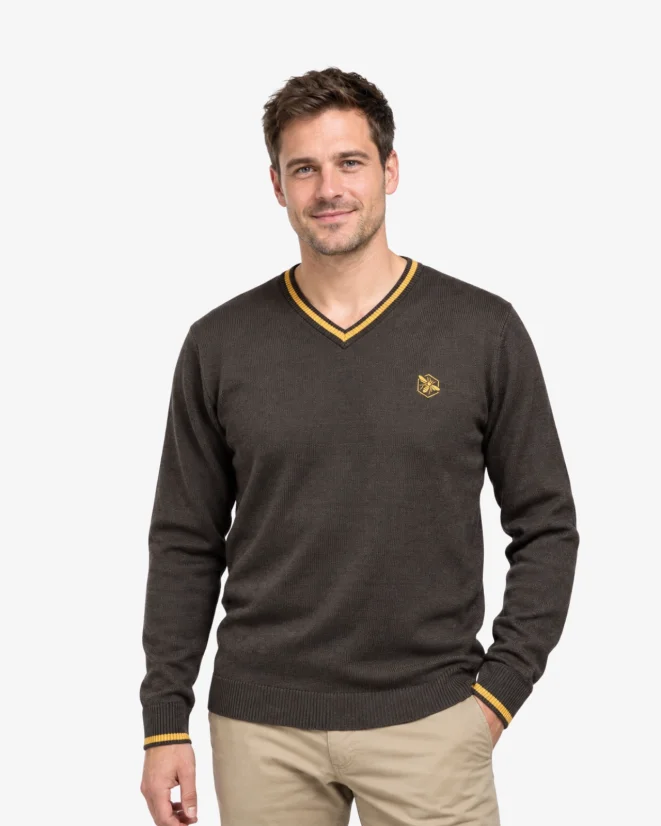Pánský vlněný svetr ČSV s výstřihem V Merino Blend - Barva: Hořčicová, Velikost: S