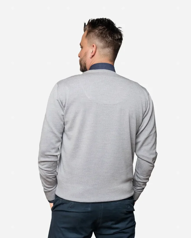 Men´s Merino Wool Sweater with Deep Neckline - Color: Grey, Size: S