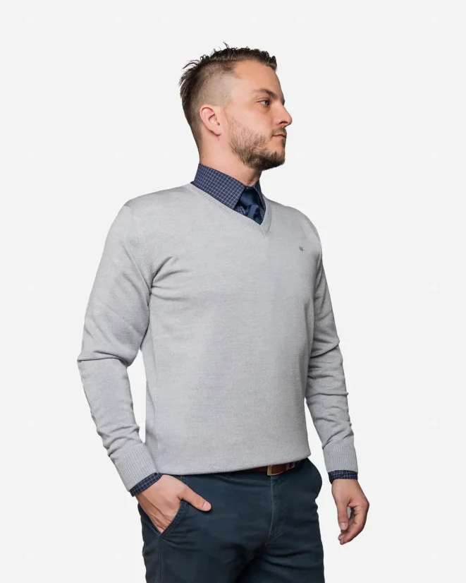 Men´s Merino Wool Sweater with Deep Neckline - Color: Grey, Size: S