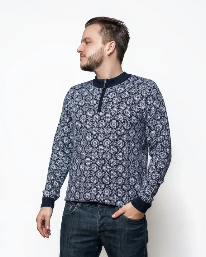Men´s Wool Sweater WOOLIFE STAR - Color: Dark blue, white pattern, Size: XL