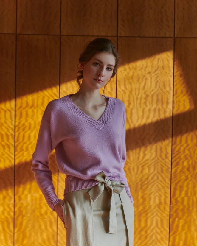 Women´s Deep Neck Wool Sweater Cashmere - Color: Orange, Size: S