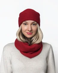 Damski okrągły szalik wełniany + czapka Merino Extra Fine Claret Bordeaux