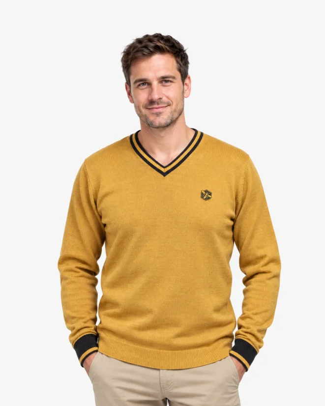 Pánský vlněný svetr ČSV s výstřihem V Merino Blend - Barva: Hořčicová, Velikost: S