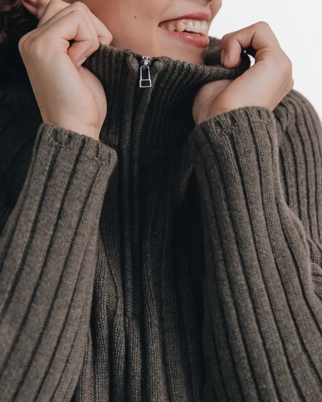 Dámský svetr stojáček se zipem Kašmír Blend - Farba: Hnedá, Veľkosť: XL-XXL