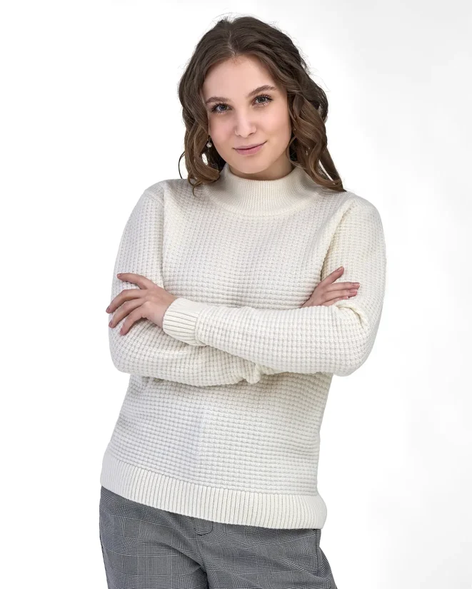 Damski sweter z wełny merynosów ze stójką - Kolor: Kremowy, Rozmiar: XL