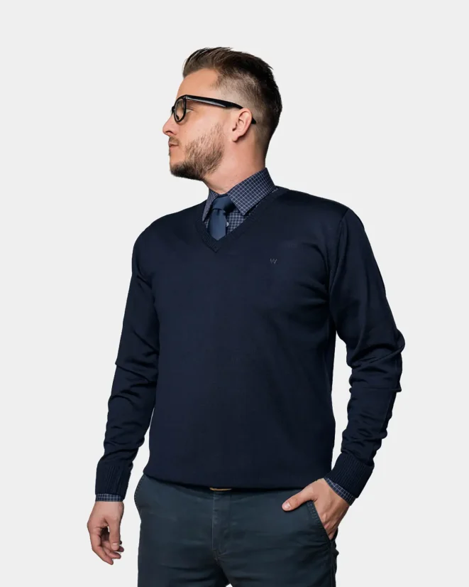 Men´s Merino Wool Sweater with Deep Neckline - Color: Blue, Size: L