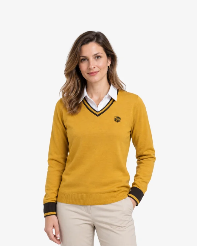 Dámský vlněný svetr ČSV s výstřihem V Merino Blend - Kolor: Musztardowy, Rozmiar: S