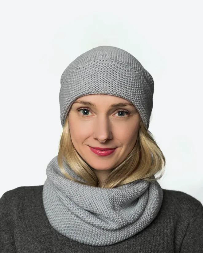 Dámská kruhová vlněná šála + čepice Merino Extra Fine Grey