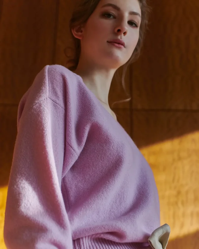 Women´s Deep Neck Wool Sweater Cashmere - Color: Orange, Size: S